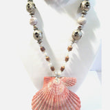 Vintage Necklace Wood Faux Pearl Large Shell Pendant