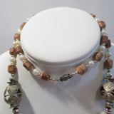 Vintage Necklace Wood Faux Pearl Large Shell Pendant